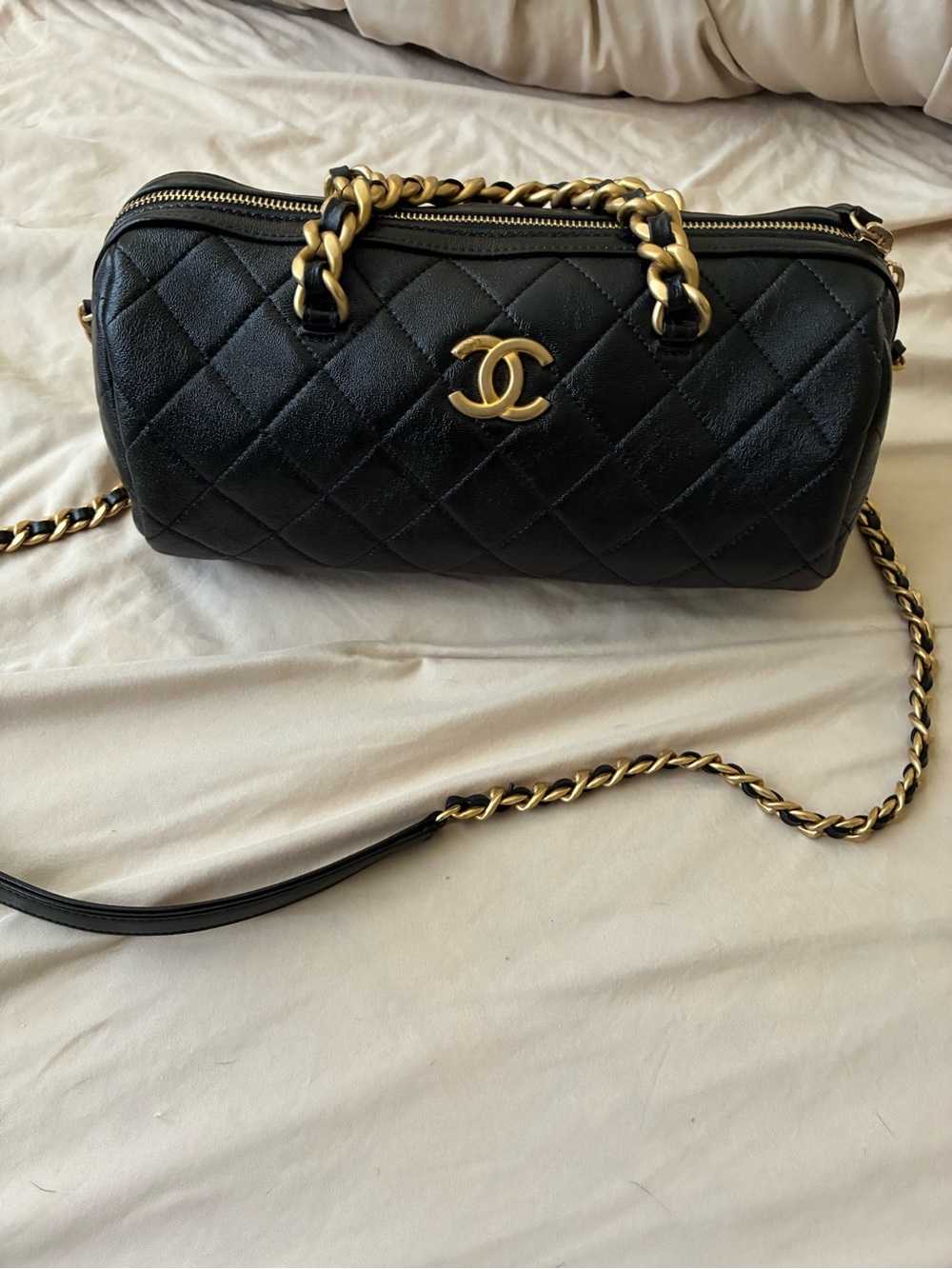 Chanel Black Quilted Barrel Shoulder Bag with Gold Chain